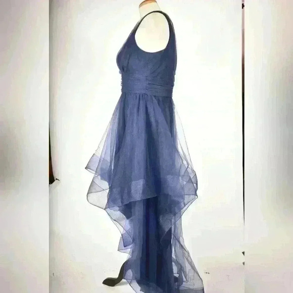 CHI CHI LONDON Navy Asymmetrical Poly Tule Mesh Brides  Plunge Dress 8US Medium - Picture 3 of 9